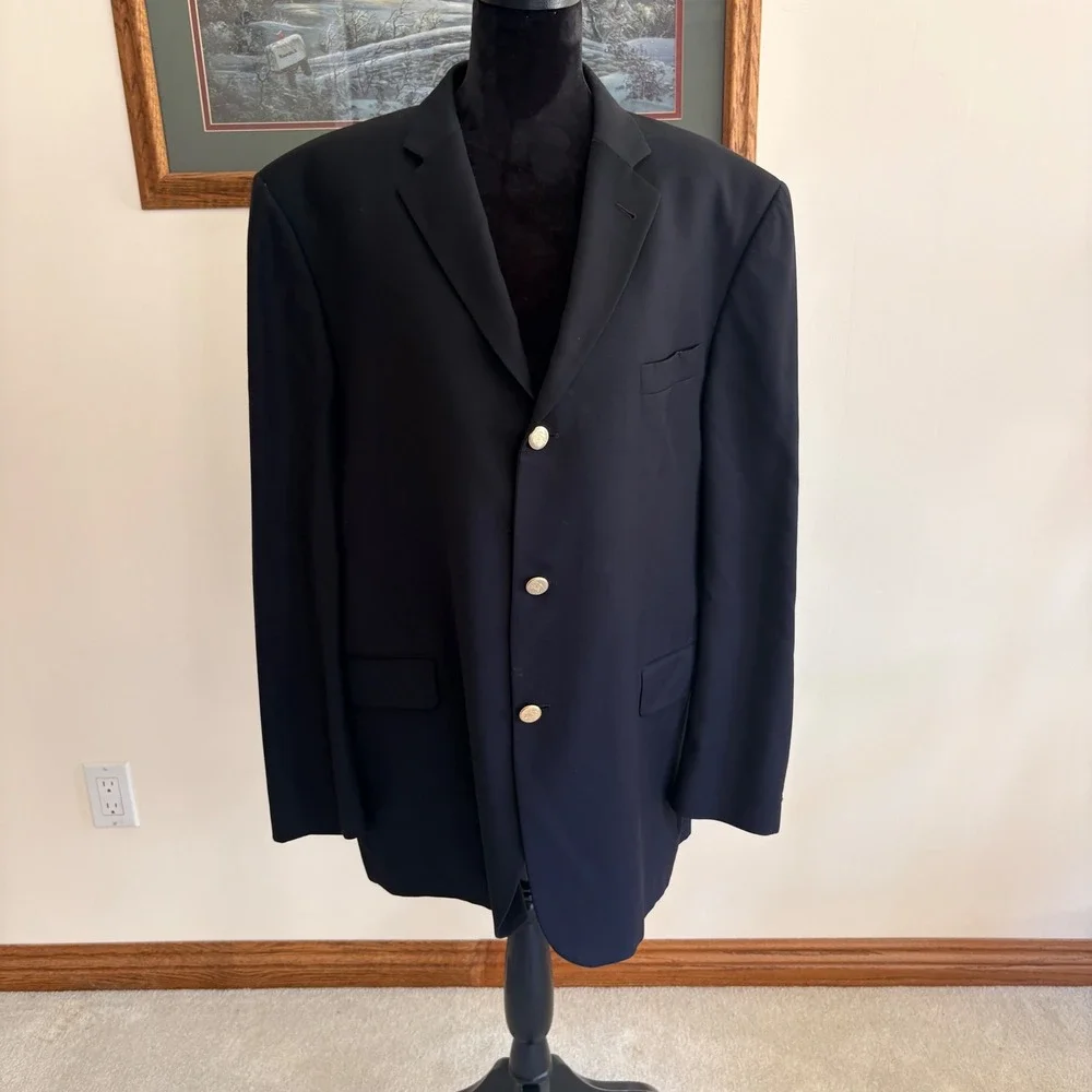 Burberry London Blazer Mens 46R Navy‎ Wool 3-Button Sport Coat Elbow Patches USA